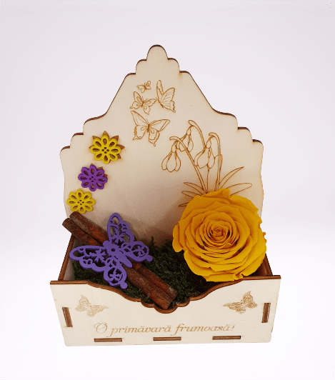 trandafir criogenat galben, cutie din lemn, muschi, scortisoara, fluture mov din lemn